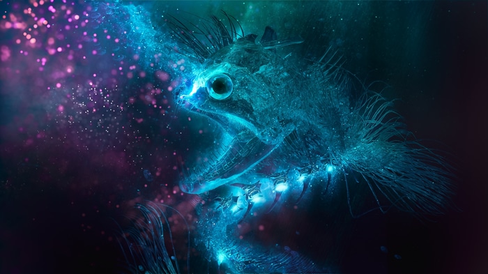 4K Neon Fish Skeleton in Cosmic Background