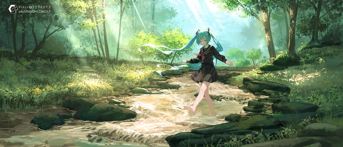 4K Hatsune Miku walking in a forest stream