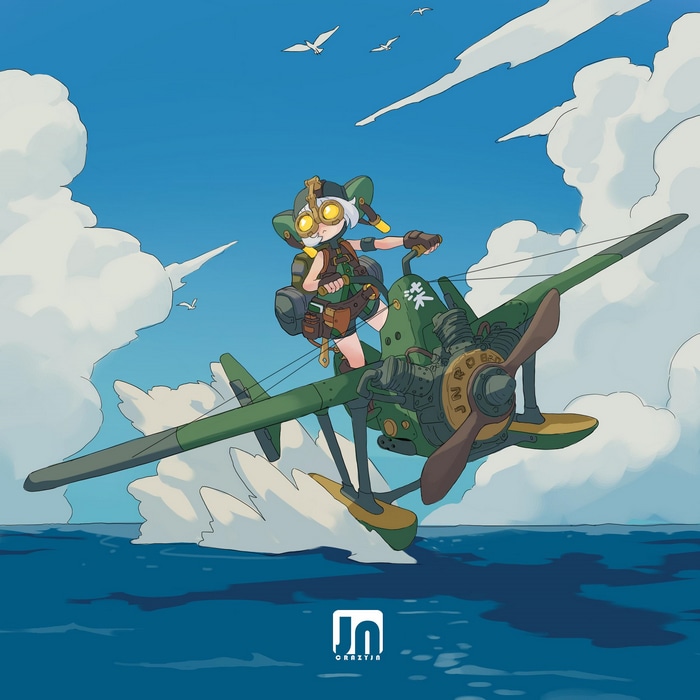 Girl piloting a biplane over the ocean