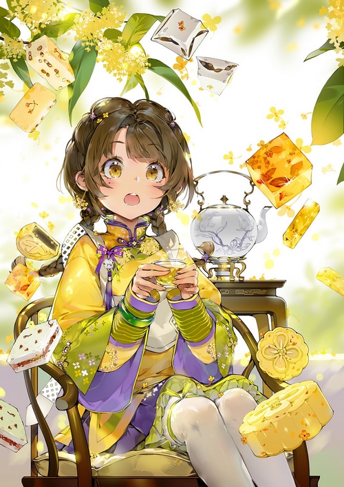 Girl with braids drinking tea surrounded by sweets