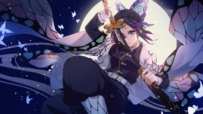 Kochou Shinobu from Kimetsu no Yaiba with a sword