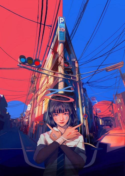 Girl with heterochromia in a city street