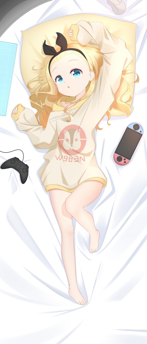 Kurumi from Lycoris Recoil lying on a bed with a Nintendo Switch