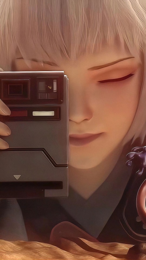 Bai Yuekui holds a camera in front of her face
