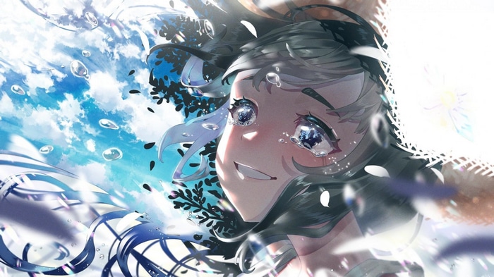 Girl with blue eyes and straw hat crying