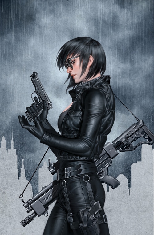 Woman in leather with guns in the rain