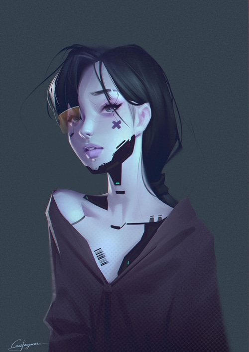 Cyborg woman with futuristic implants and cybernetic eye