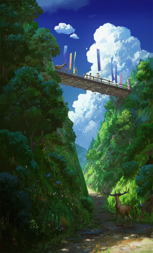 Fantasy art of a bridge over a gorge with a deer