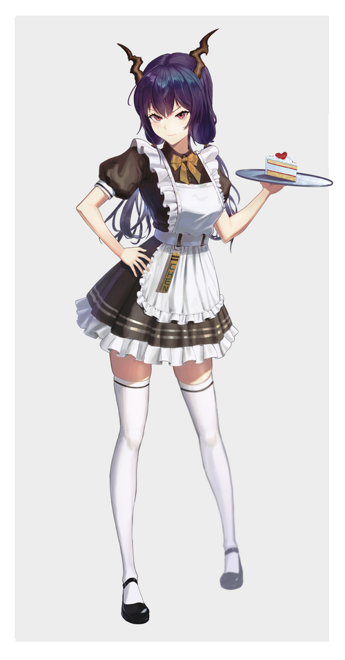 Arknights character in a maid outfit holding a cake