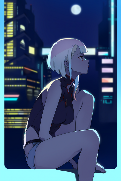 Lucy from Cyberpunk: Edgerunners looking at the moon