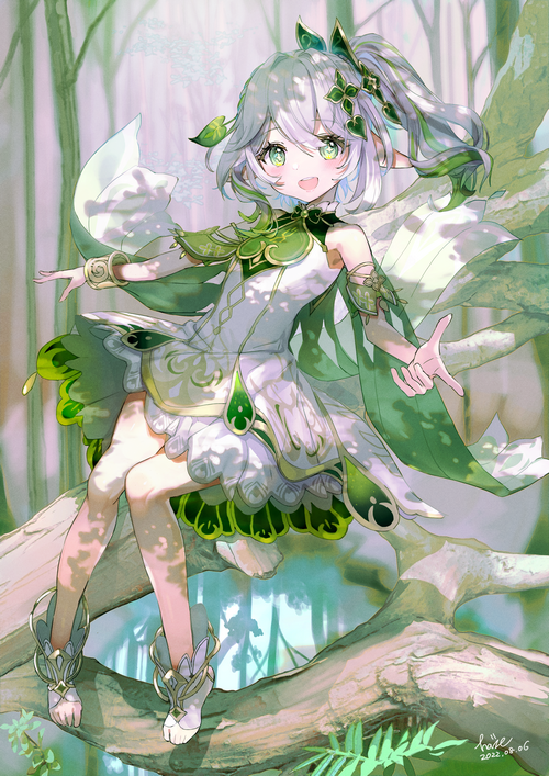 Nahida from Genshin Impact sitting on a tree branch