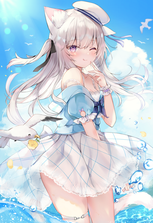 Cat girl in sailor hat standing in water with birds
