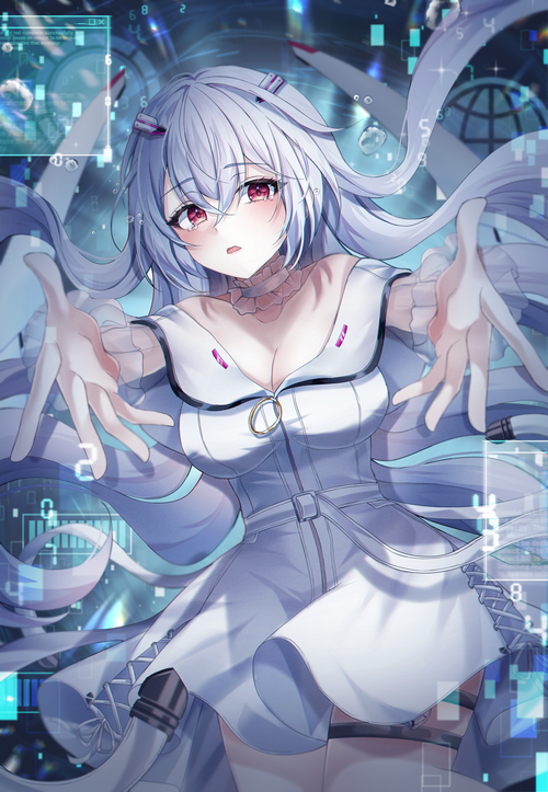 Girl with white hair and red eyes in a white dress