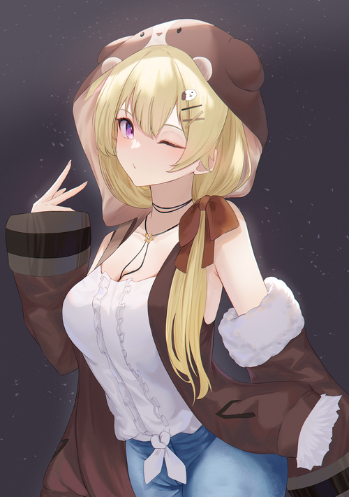 Virtual Youtuber with blonde hair winks
