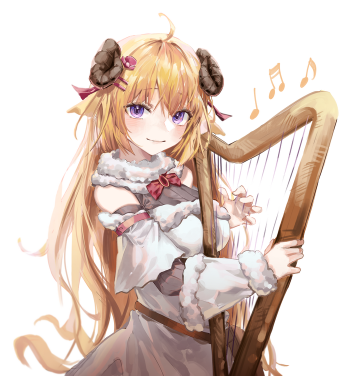 Tsunomaki Watame plays the harp with musical notes