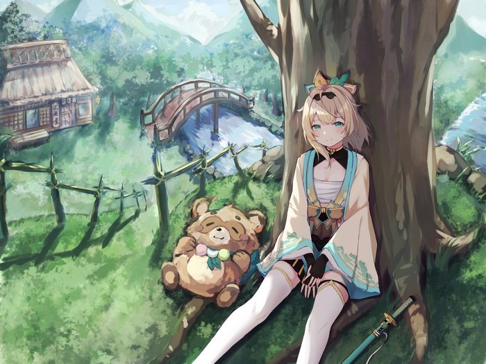 Kazama Iroha with Tanuki plush by a tree