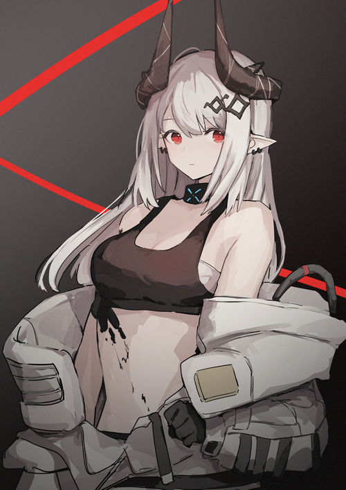 Mudrock from Arknights with horns and red eyes
