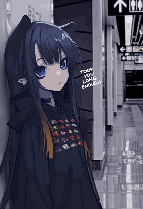 Ninomae Ina'nis leaning against a wall with text
