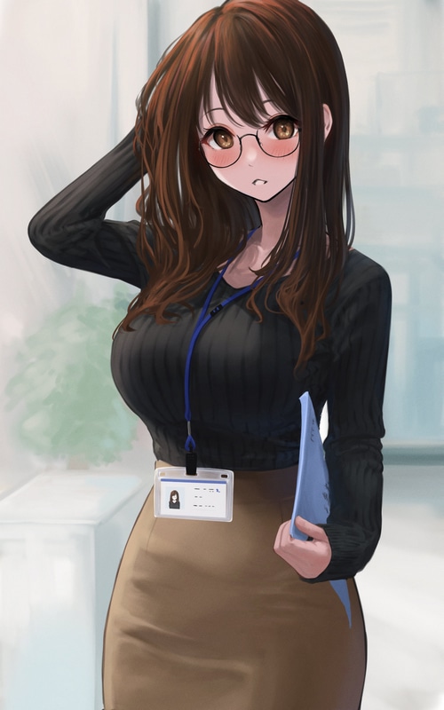 Anime girl with glasses touching her hair