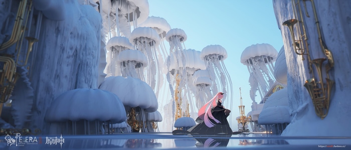 Sangonomiya Kokomi in a surreal icy landscape with jellyfish