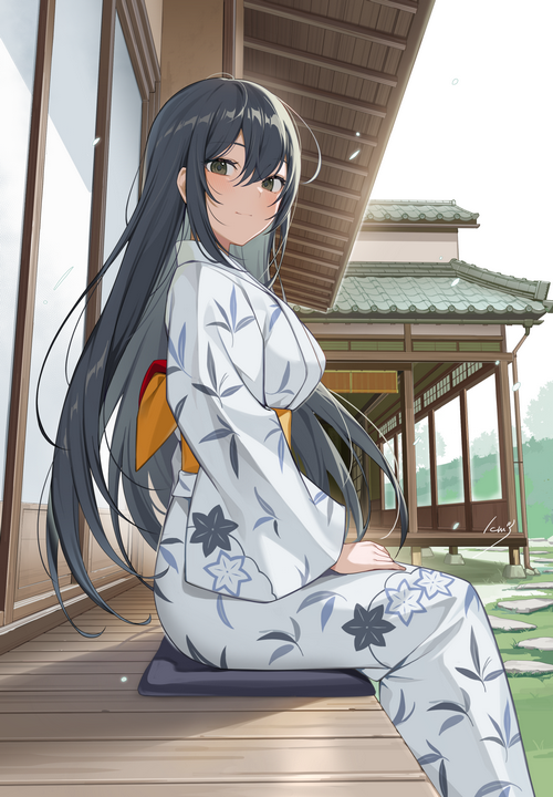 Girl in Kimono Sitting on a Wooden Porch