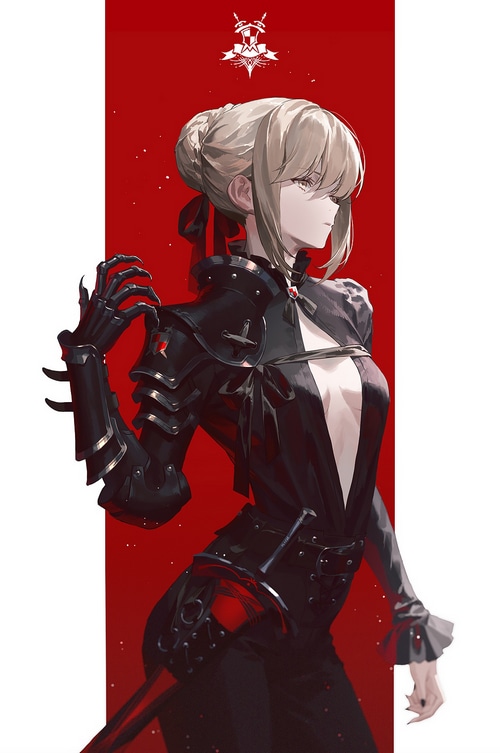 Saber in black armor with a red background