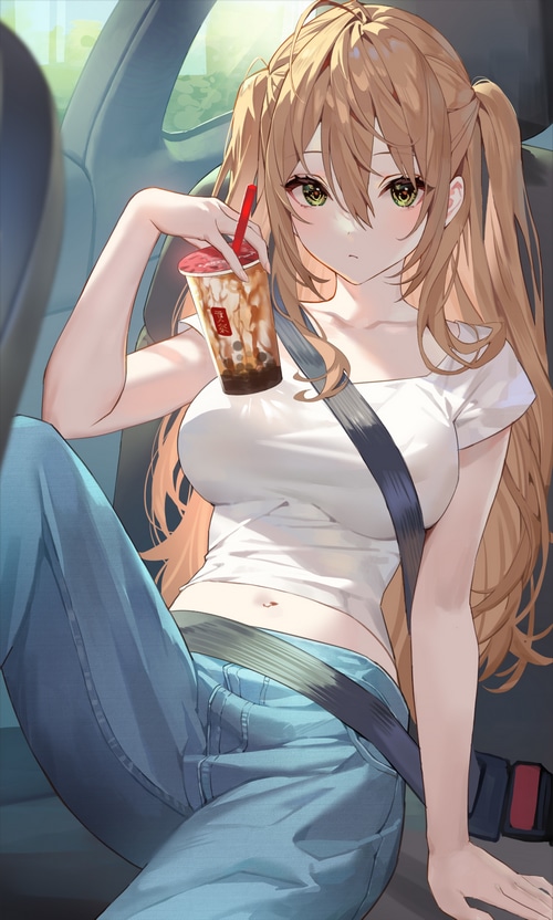 Anime girl with twintails drinking bubble tea in a car