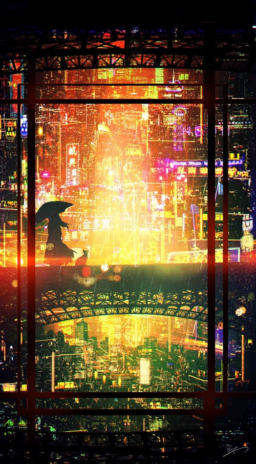 Girl with umbrella and cat in a neon city