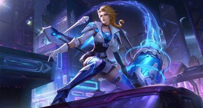 4K Honor of Kings: Female warrior with energy weapon in futuristic city