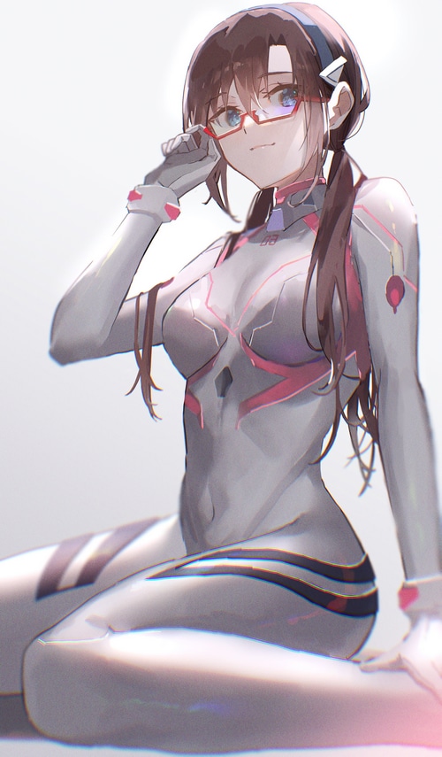 Makinami Mari Illustrious in a white bodysuit with glasses