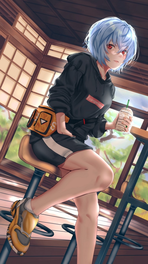 Ayanami Rei from Evangelion holding a drink