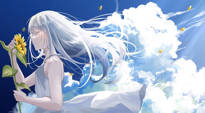 4K anime girl with sunflower in windy sky with clouds