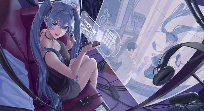 Hatsune Miku in a futuristic room with holographic displays
