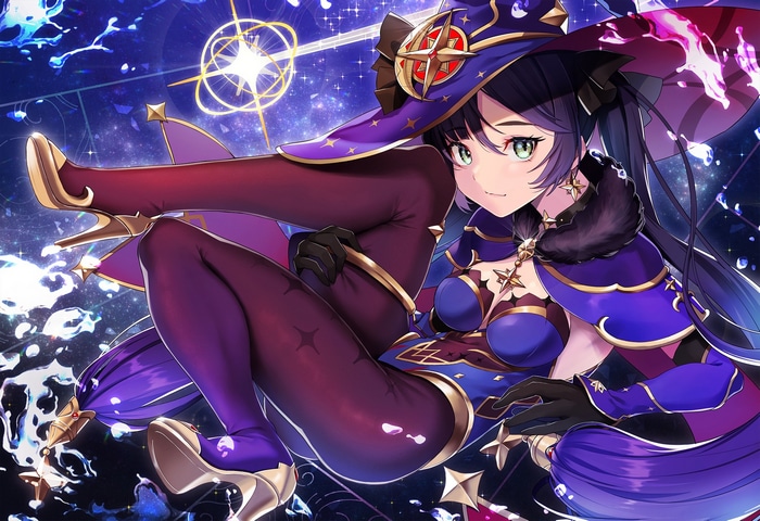 Mona from Genshin Impact in a witch outfit