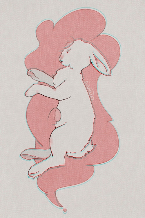 Anaglyphic illustration of a sleeping rabbit