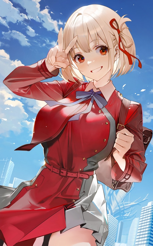 Nishikigi Chisato from Lycoris Recoil making a peace sign