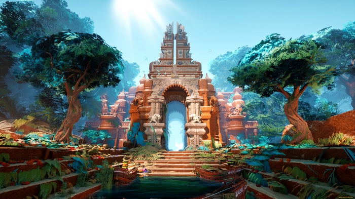 Fantasy temple with ancient ruins and lush jungle