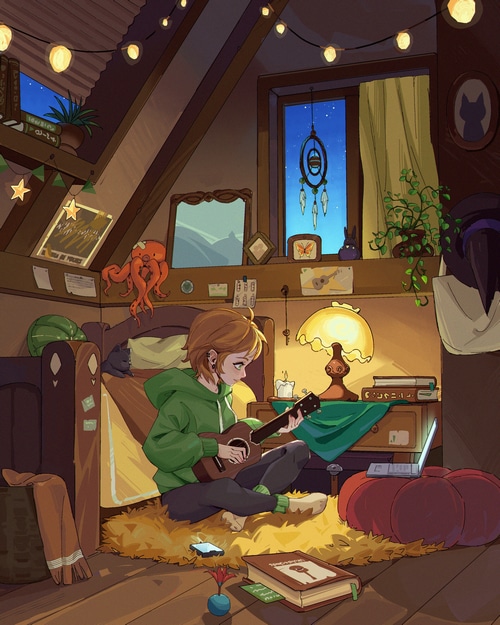 Woman playing ukulele in a cozy attic room
