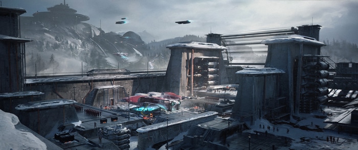 Futuristic snowy base with flying vehicles