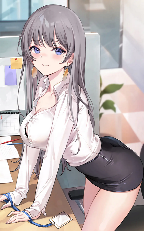 Anime office girl with gray hair and blue eyes