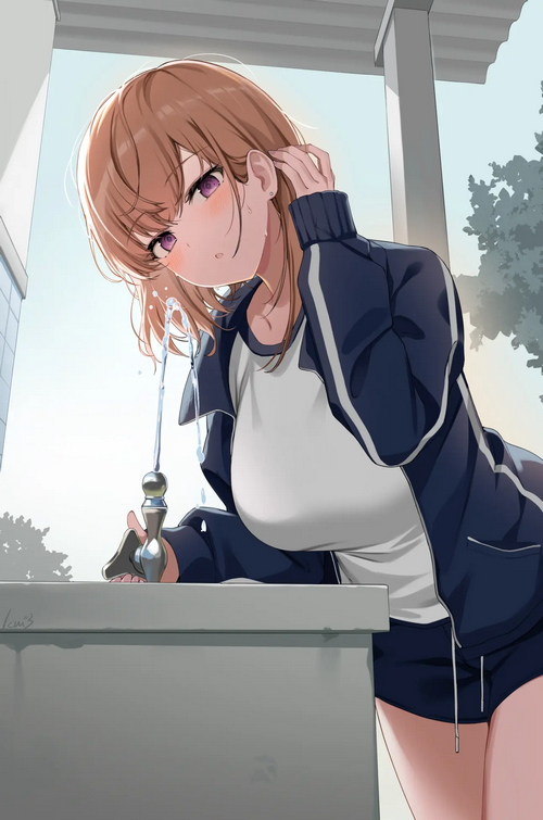 Brunette girl in sportswear drinking water