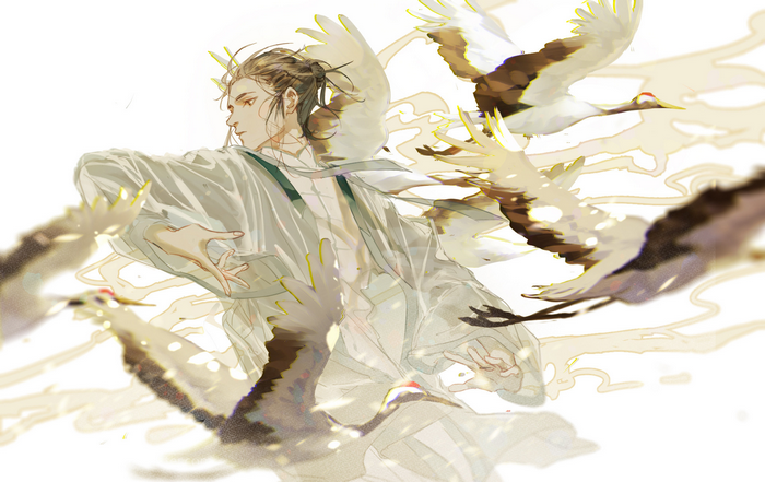 Anime boy with cranes in flight