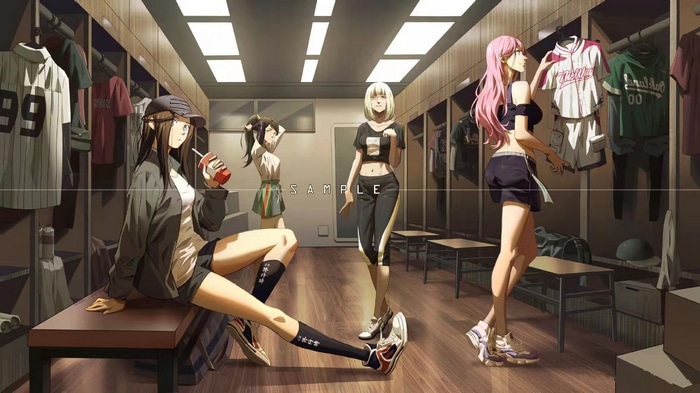 Anime girls in a locker room with baseball uniforms