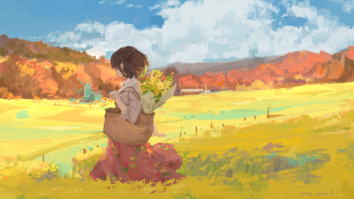 Painting of a girl with flowers in a field