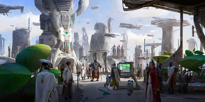 Futuristic city with people and flying vehicles