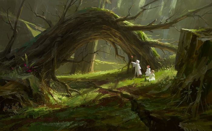 Fantasy art of figures in a mossy forest