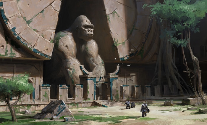 Giant gorilla statue in ancient temple ruins