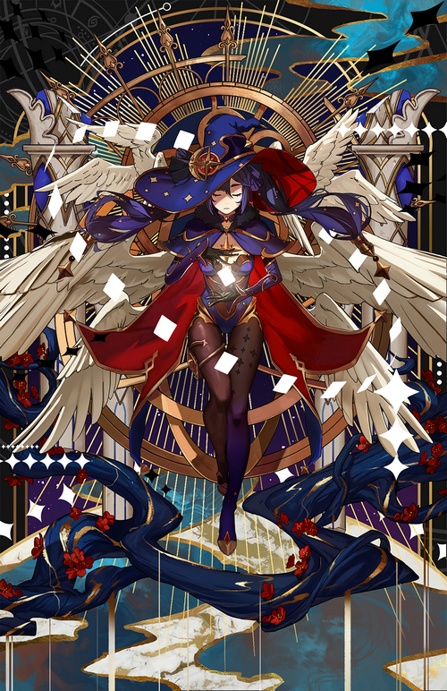 Mona from Genshin Impact with wings and astronomy background
