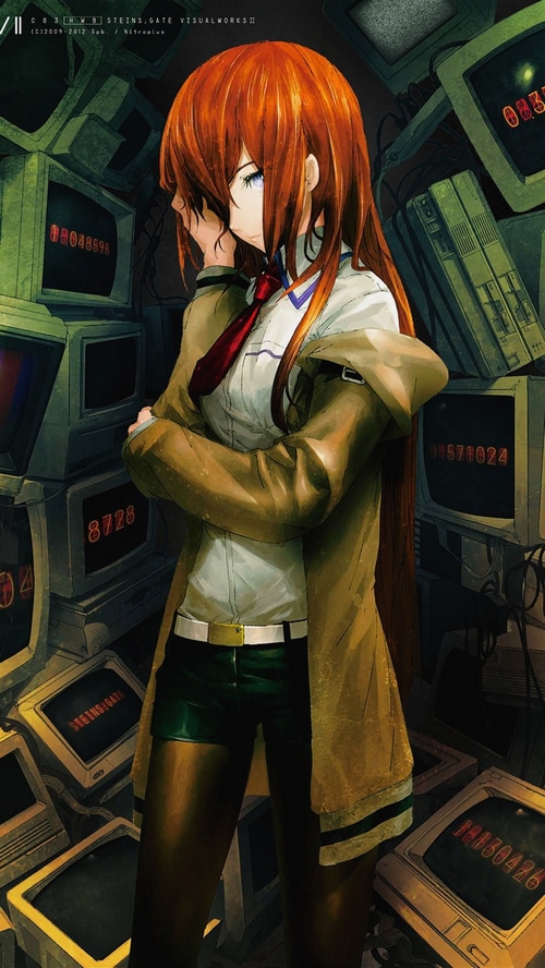 Makise Kurisu from Steins;Gate surrounded by monitors