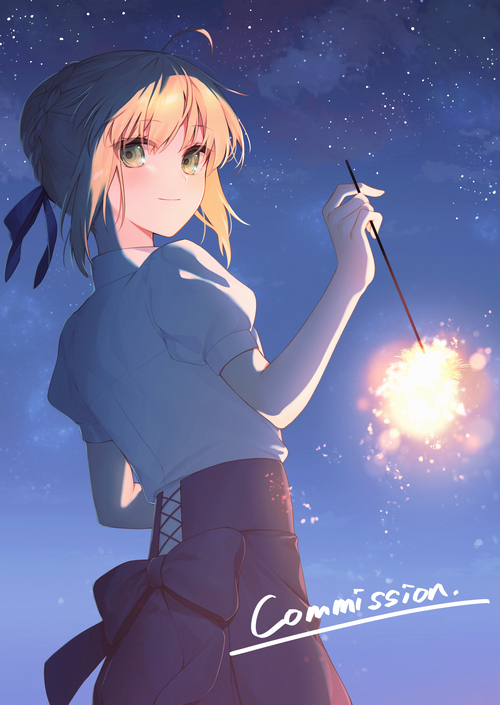Saber (Artoria Pendragon) holding a sparkler at night